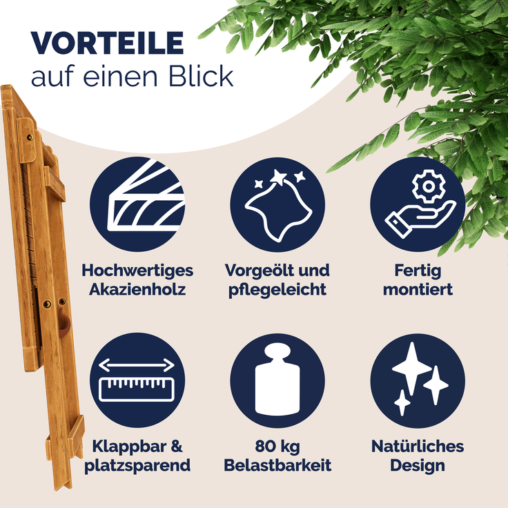 Casaria Klapptisch, klappbar, 80kg belastbar, Akazienholz natur, 70 x 70 x 73 cm – Bild 2
