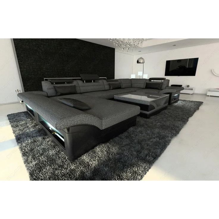 Sofa Dreams - Stoff-Wohnlandschaft Enzo XXL LED U-Form - Strukturstoff - Schwarzgrau-Schwarz - Rechts – Bild 7