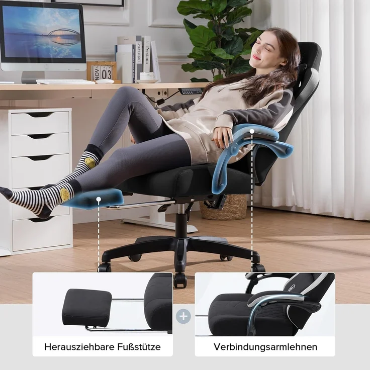 GTPLAYER Gaming Stuhl Ergonomischer Gaming Sessel Schreibtischstuhl mit Stoffoberfläche, Federsitzkissen, Verbindungsarmlehnen und Fußstütze schwarz – Bild 7