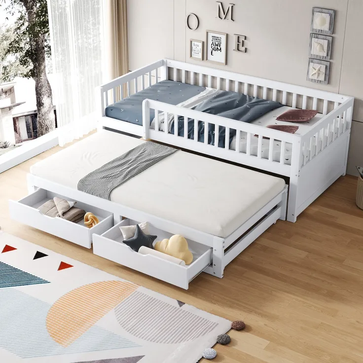 EINHOM Massivholz-Schlafsofa 90 x 200 cm, Vollverkleidetes Sicherheitsgitter, Ausziehbares Bett mit 2 Schubladen Darunter, mit Lattenrost, Kinderbett Jugendbett Gästebett Erwachsene, Weiß (Ohne Matratze)