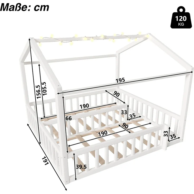 Hausbett mit LED Kugel-Lichterkette, 90x190cm*2/180x190cm, Kinderbett mit Rausfallschutz und Lattenrost, Kiefer – Bild 6