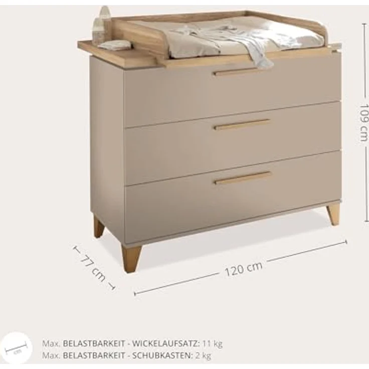 Stella Trading Hilda PEPPINI Kommode inkl. Wickelaufsatz mit 3 Schubkästen in Mauvella Oak – praktisches & modernes Babyzimmer-Möbel – 120 x 108,7 x 77 cm (B/H/T) – Bild 2