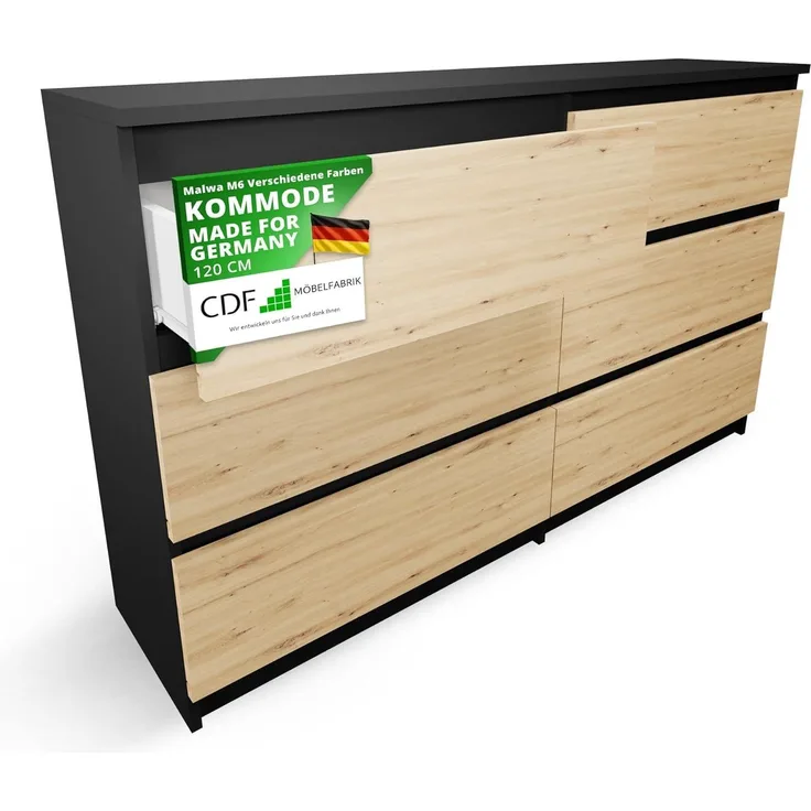 CDF Kommode Malwa M6 120| Farbe: Anthrazit - Eiche Artisan | Schrank für Dokumente, Kleinigkeiten | Ideal für Wohnzimmer, Schlafzimmer, Kinderzimmer, Jugendzimmer und Büro | 6 geräumige Schubladen