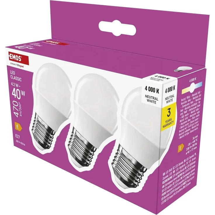 EMOS LED Lampe Mini Globe 3er Pack, 4,2W Ersatz für 40W Glühbirne, kleine Birne mit E27 Sockel, Helligkeit 470 lm, Neutralweiß 4000 K, 30000 h Lebensdauer, CRI min. 80, 150° Abstrahlwinkel