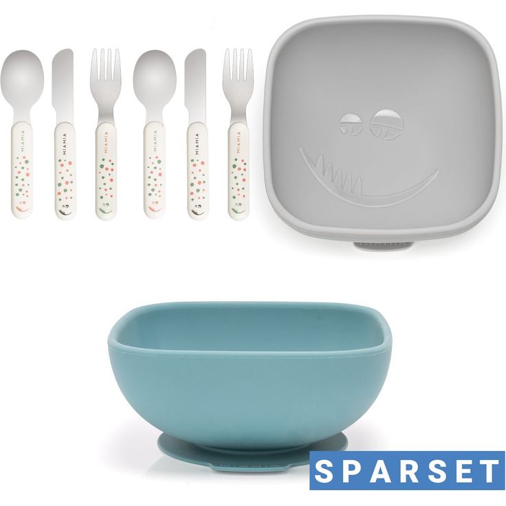 MiaMia 8-tlg. Esslern-Set, Silikon-Schalen mit Saugnapf und ergonomischem Besteck in Petrol / Hellgrau