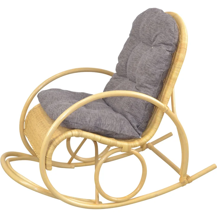 Schaukelstuhl aus Rattan handgefertigt, beige, Kissen braun – Bild 2