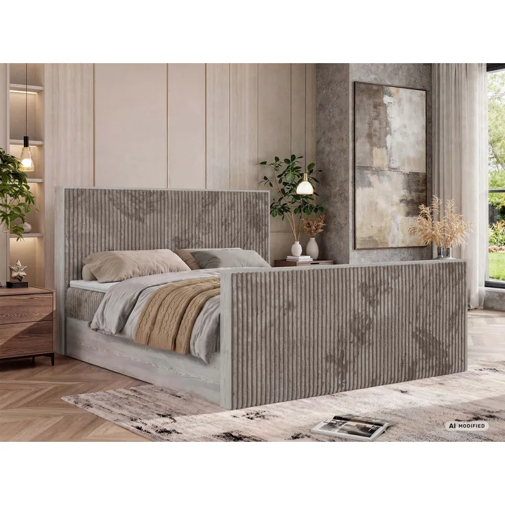 Boxspringbett NORDIC DUO 140 x 200 cm mit Matratze H4, hohe Kopfteil Doppelbett inkl. Topper Visco Holzoptik zwei Bettkästen - Hellbraun Cord