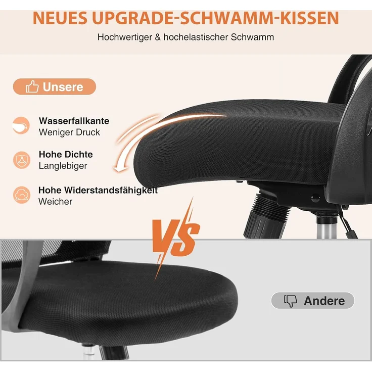 Sweetcrispy Bürostuhl mit Verstellbaren Armlehnen, Ergonomischer Schreibtischstuhl mit Lendenwirbelstütze, Höhenverstellbar, 360° Drehstuhl Gepolstertem Sitzkissen für das Büro Arbeitszimmer, Schwarz – Bild 5