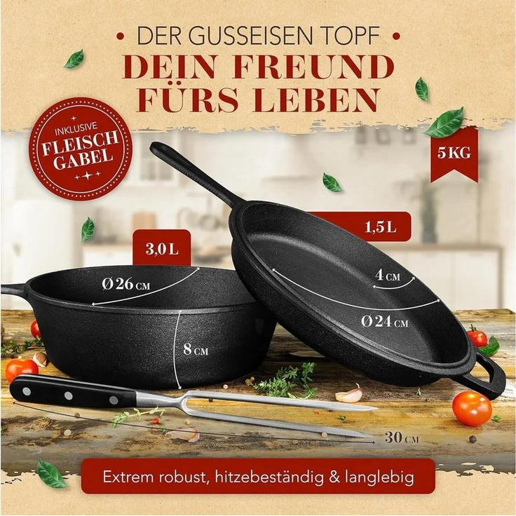 Krustenzauber Schmortopf Gusseisen Topf [inkl. Fleischgabel] -, (Robuster 26cm Gusseisen Bräter mit Deckel Backofengeeignet, Ideal als Schmortopf Induktion, Dutch Oven Set, Kazan, Cast Iron Pot) – Bild 3