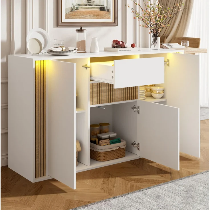 DESVIAE Sideboard Natur/Weiß aus Spanplatte – 140x82x40 cm – 3 Türen, Schublade, LED-Beleuchtung – Bild 1