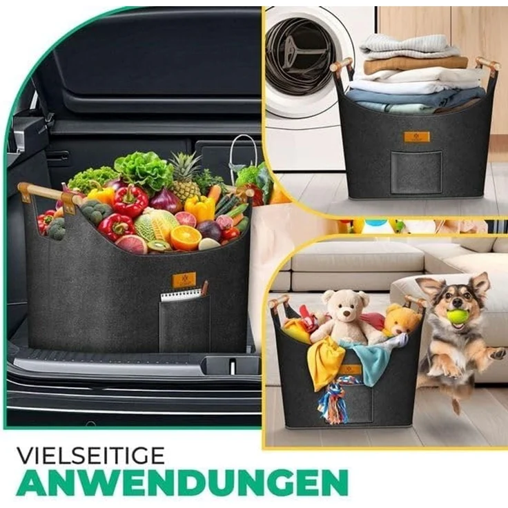 KESSER® Brennholzkorb | Kaminholztasche extra dicker Filz | Feuerholzkorb faltbar mit verstärkten Holzgriffen | Aufbewahrungskorb für Holz, Zeitung oder Brennholz | Inkl. Arbeitshandschuhen Anthrazit, 60 Liter – Bild 6