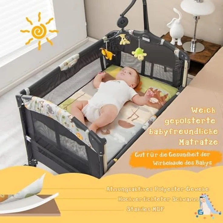 FANTASK 4 in 1 klappbares Reisebett 15 kg belastbar, Beistellbett mit Tragetasch, 2 Ebenen Babybett höhenverstellbar, Matratze & Spieluhr, Wickeltisch & Laufstall, Mobile Stubenwagen – Bild 2
