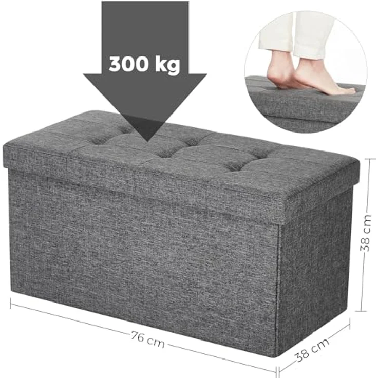 Songmics Sitzbank mit Stauraum, Sitztruhe, Sitzhocker, Aufbewahrungsbox, Fußablage, faltbar, belastbar bis 300 kg, 80 L, 76 x 38 x 38 cm, Leinenimitat, dunkelgrau LSF47K – Bild 4