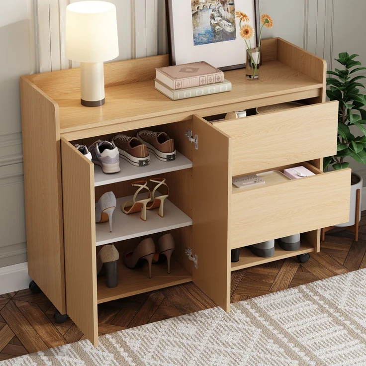 Schuhschrank aus MDF mit Rollen & Schubladen, 110x35x86 cm, Natur – Bild 2