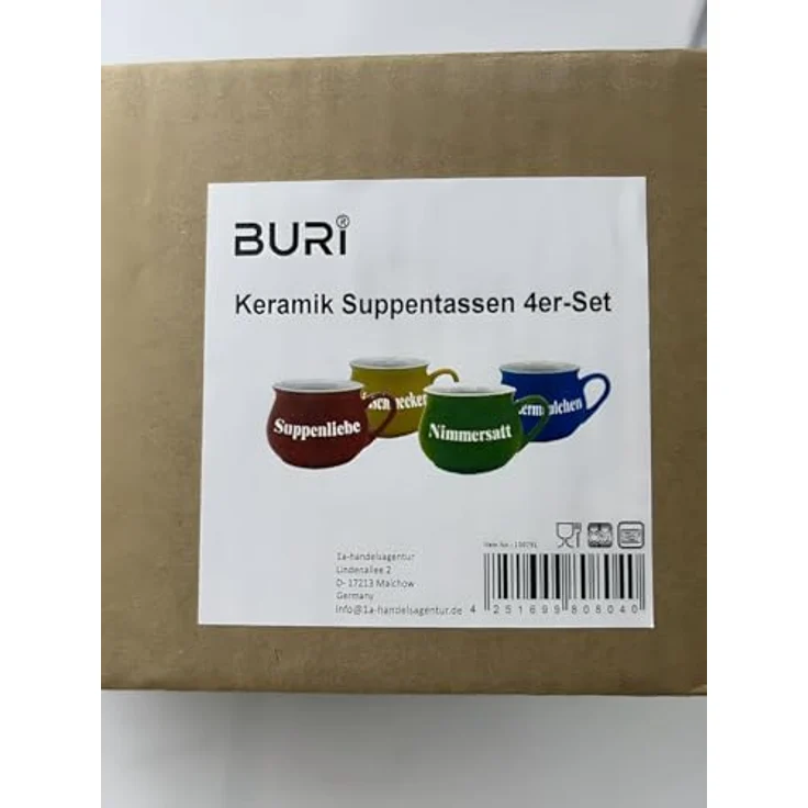 BURI Suppentassen 8er-Set aus Keramik | Bunte Henkel-Schüsseln mit Sprüchen | 400 ml | Spülmaschinenfest & mikrowellengeeignet | Mediterraner Stil – Bild 10
