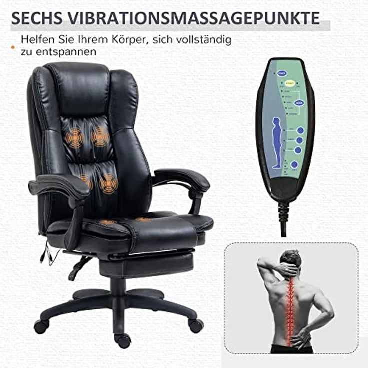 Vinsetto Bürostuhl mit Fußstütze und Massagefunktion, höhenverstellbar, 360° Drehung, 6 Vibrationspunkte, 5 Massagemodi – Bild 4