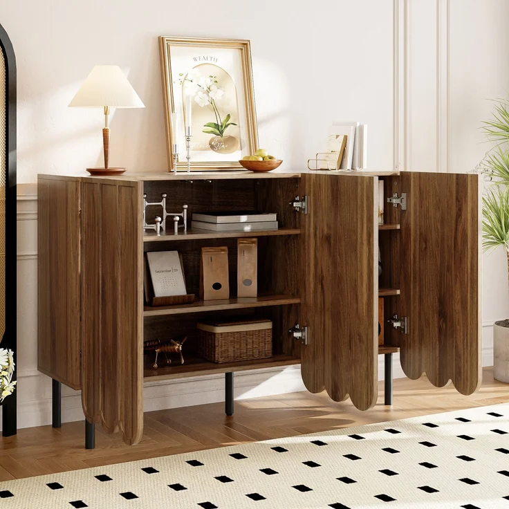 Modernes holzfarbenes Sideboard mit Wellentüren – 120x35x80 cm – grifflos, verstellbare Regale – Stauraum für Wohnzimmer, Flur & Esszimmer – Bild 4