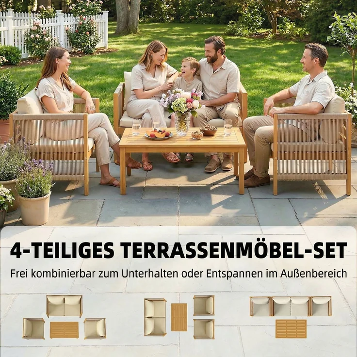 MELAYR, Gartenmöbel Set Holz Sitzgruppe für 4 Personen mit 2er Sofa 2 Sessel Tisch Seilflecht, 120 x 60 x 64 cm, Beige – Bild 6