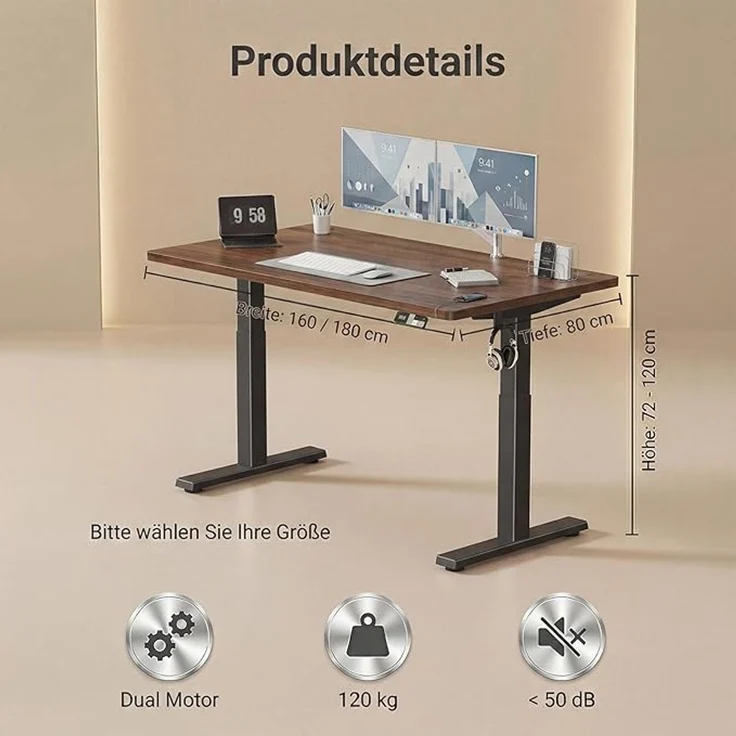 Devoko Höhenverstellbarer Schreibtisch 180x80 cm elektrisch, Höhenverstellung 71-121 cm mit Smart Control, 120 kg Tragkraft, für gesundes Arbeiten – Bild 2
