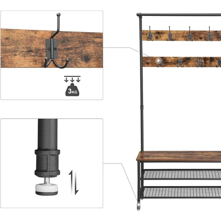 Vasagle Garderobenständer mit Sitzbank und Haken, Holz Vintagebraun/Schwarz, 100 x 41,5 x 182 cm – Bild 6