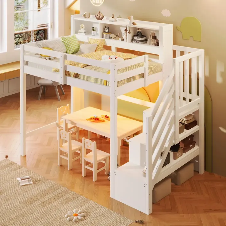 Hochbett mit RGB LED-Streifen, Stauraum, Lattenrost, Rausfallschutz und Regal, Treppe mit Regal, 90x200 cm, Kinderbett, Einzelbett, Kiefer – Bild 3