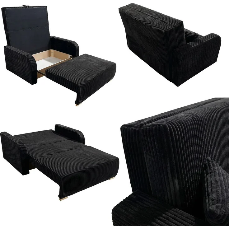 Wohnero24 Lirena 3 Schlafsofa 155x95 cm mit Bettfunktion 133x195 cm – 2-3 Sitzer Cord Sofa ausziehbar mit Bettkasten, kleines Schlafsofa für Wohnzimmer - Schwarz – Bild 3