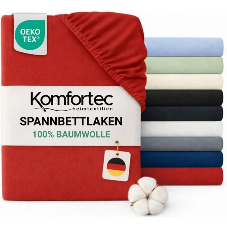 Komfortec Spannbettlaken Jersey 100% Baumwolle – 140x200 cm – 135g/m² – Weich, Atmungsaktiv & Hautfreundlich – Mit Rundumgummi – Oeko-Tex Zertifiziert – Für Boxspring, Topper & Matratzen – Rot
