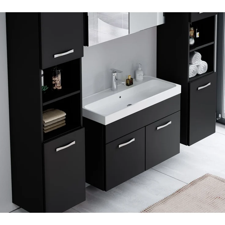 Badplaats Badmöbel Komplettset Paso XL LED 80x40 cm Schwarz Matt - Badezimmermöbel mit Waschbecken, Spiegelschrank und 2 Badezimmerschränke – Bild 4