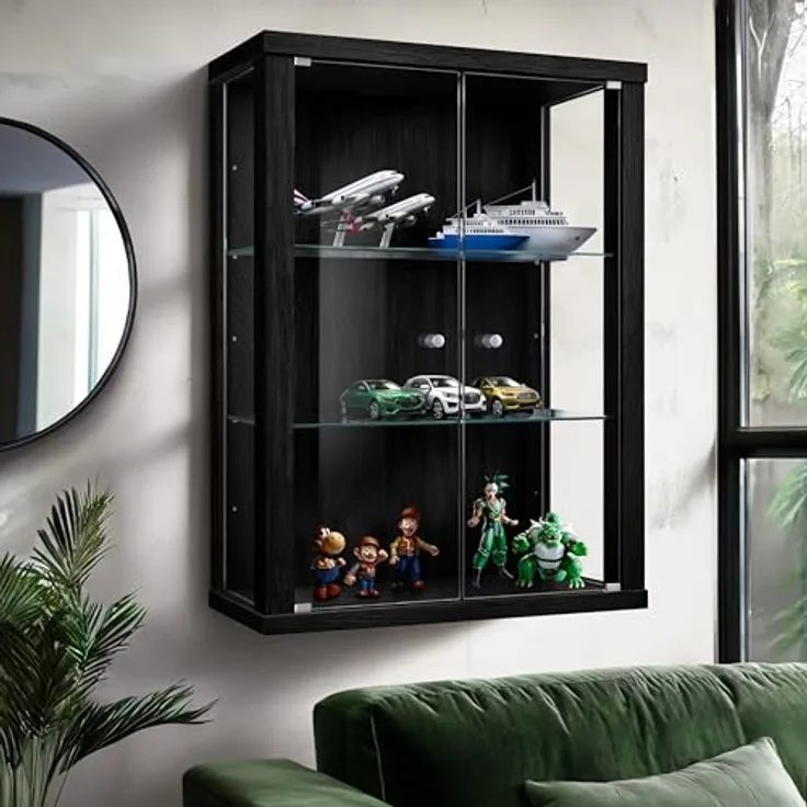 K-Möbel Hängevitrine, Glas, Schwarz, 2 Fächer, Rechteckig, 60x80x25 cm, für Wohnzimmer und Wohnwände