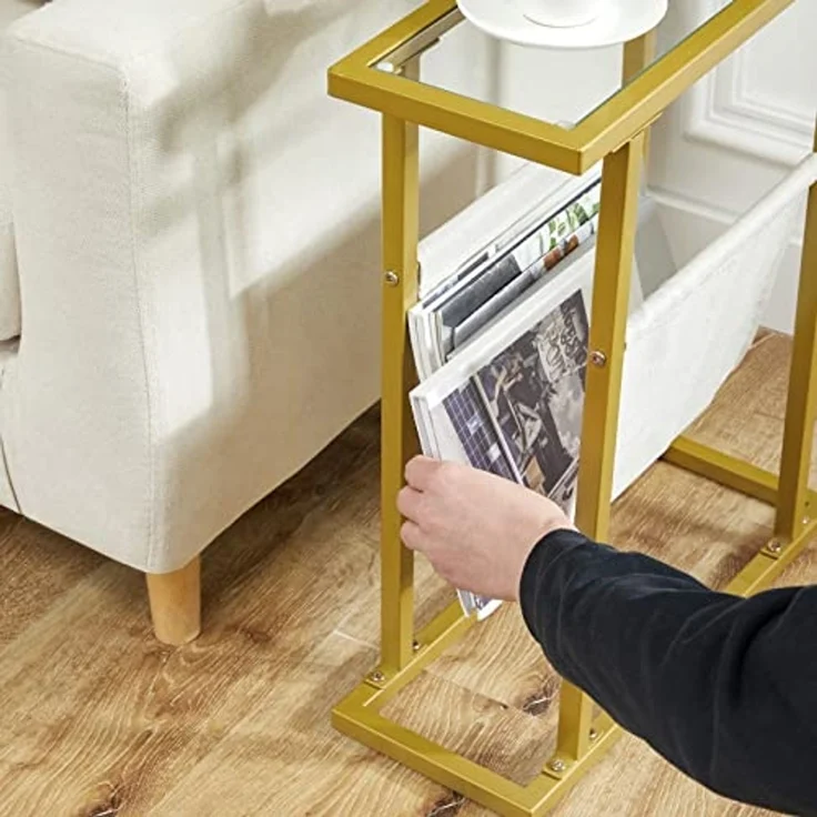 HOOBRO Beistelltisch, Schmaler Betttisch, Schmaler Couchtisch aus gehärtetem Glas, Kompakter Tisch mit Zeitungsständer, Sofatisch für Wohnzimmer, Schlafzimmer, Goldfarben EGD78BZ01 – Bild 7
