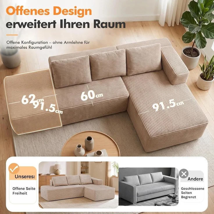 COMHOMA Ecksofa mit Schlaffunktion, 255cm Corduroy Modulares Boneless Couch mit Chaiselongue & Rücken-Metallgestell, L-Form Schlafsofa mit offenem Design, Kissen & Seitentaschen,für Wohnzimmer, Beige-L – Bild 9