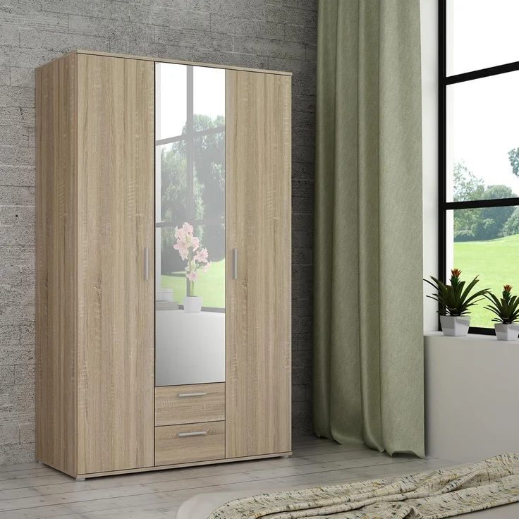 Forte Nano Kleiderschrank 120, Drehtürenschrank mit 2 Schubladen, Einlegeböden und Spiegel, Holzwerkstoff, Sonoma Eiche Dekor, 121 cm breit, 200,1 cm hoch, 54 cm tief – Bild 8