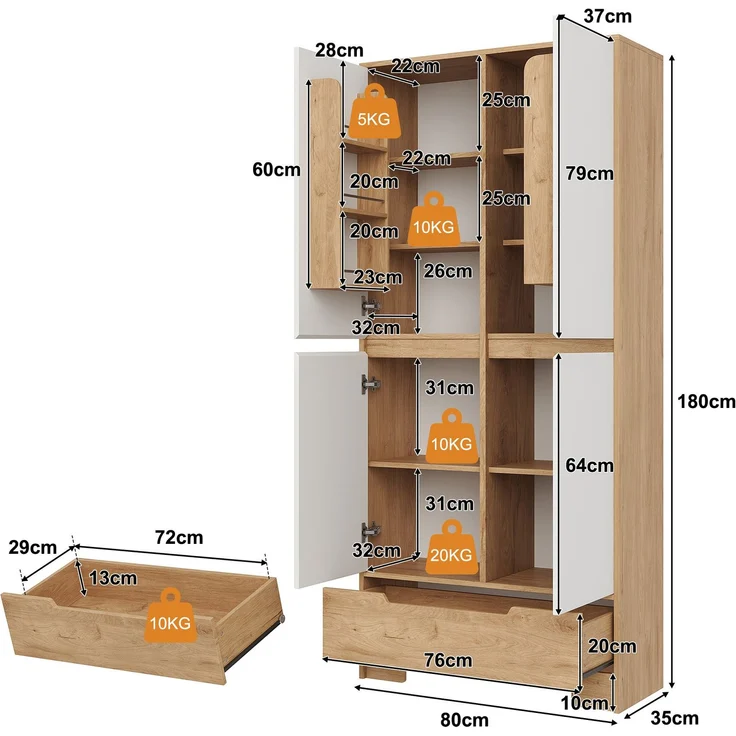 Küchenschrank 80 x 35 x 180 cm in Weiß und Natur mit Schublade und verstellbaren Einlegeböden – Bild 4