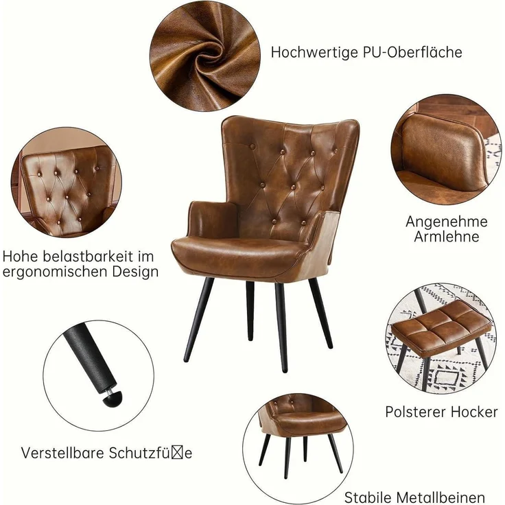 Sessel Ohrensessel Hocker PU Kunstleder Fußstütze mit Hocker Braun – Bild 5