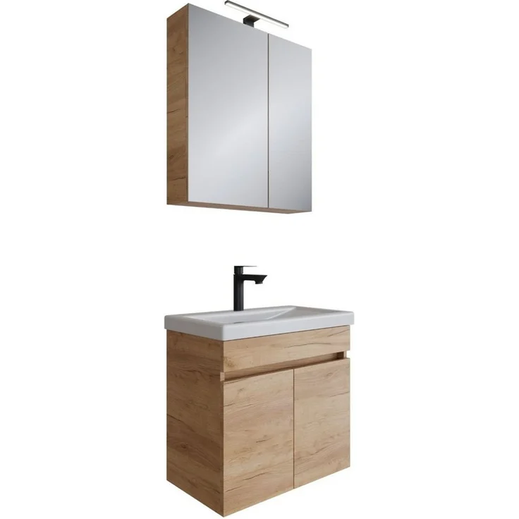 Planetmöbel Badmöbel-Set Badmöbel Set - Waschtisch mit Spiegelschrank 63 cm, (Waschbecken mit Unterschrank, 3-St, Spiegelschrank Bad mit Beleuchtung) – Bild 5