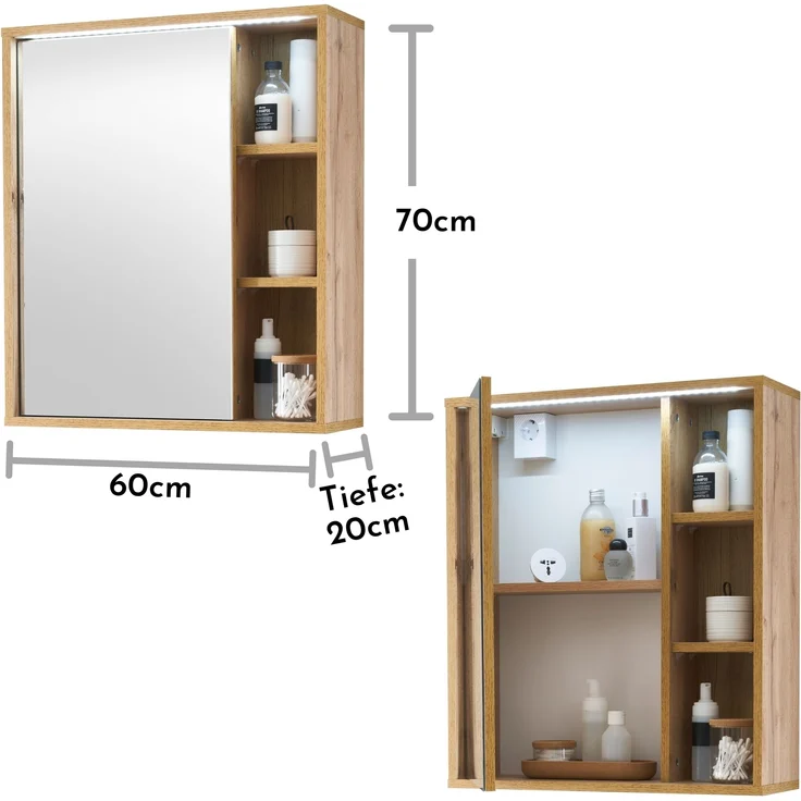 GREECE Spiegelschrank Bad mit LED-Beleuchtung in Wotan Eiche Optik - Badezimmerspiegel Schrank mit viel Stauraum - 60 x 70 x 20 cm (B/H/T) – Bild 6