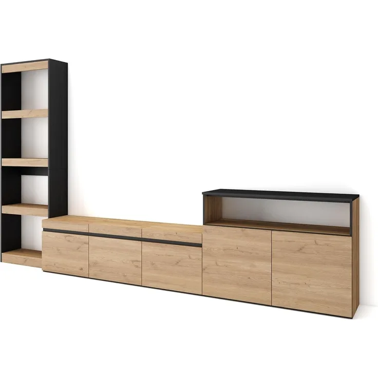 Skraut Home | Wohnwand Wohnzimmer | Wohnzimmermöbel, Möbelset | 310 x 186 x 35 cm | Für TV-Geräte bis zu 65" | Wohnzimmer Möbel | Moderner Stil | Eiche Schwarz