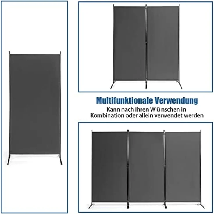 FANTASK 3-Panel Raumteiler, 260x183 cm, faltbar, freistehend, Trennwand Wandschirm mit verstellbaren Untersetzern, Wandteiler aus Metall & Polyester für Zuhause Büro Terrasse (Grau) – Bild 3