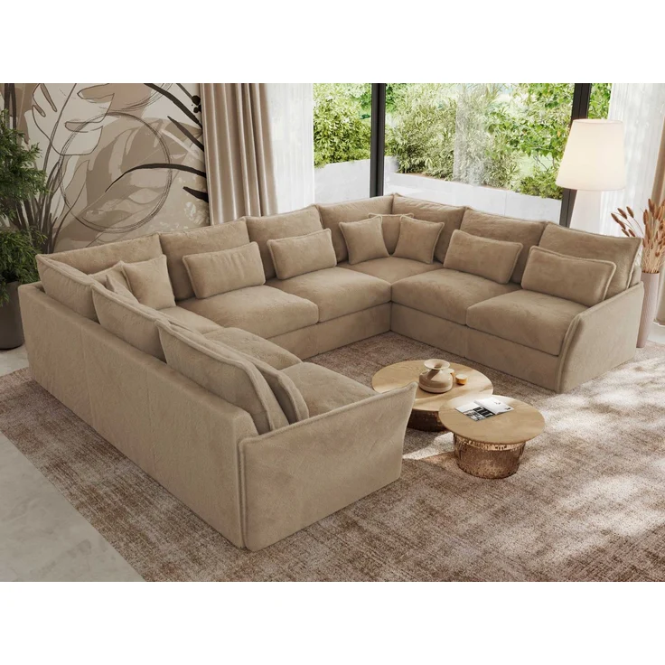 Modulares U-förmiges Wohnzimmer-Ecksofa, XXL Ecksofa mit Armlehnen, Wohnlandschaft, Universal-Ecksofa mit lockeren Kissen - VERSO U 8M - Beige Plüschstoff – Bild 1