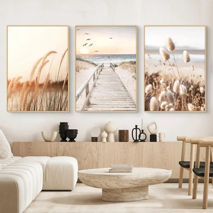 Poster Set 3teilig Küstenstrand Seevogel Pampasgras Boho A 21x30cm