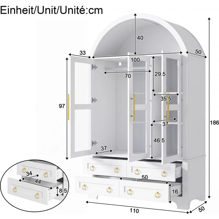 Kleiderschrank 110x50x186 cm in Weiß mit 3 Glastüren, 4 Schubladen und App-LED – Bild 5