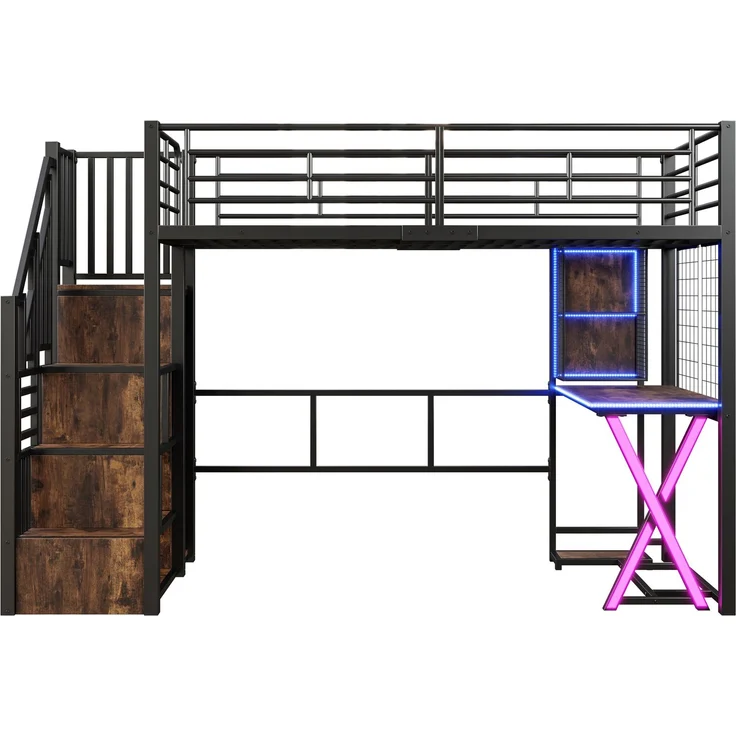 Kinder-Hochbett 90x200 cm mit Schreibtisch, Kleiderschrank, Aufbewahrungsleiter,fernbedienbares LED-Ambientelicht,Schwarz – Bild 10