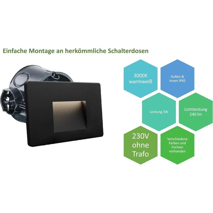 3W LED Treppenlicht Treppenbeleuchtung Treppenleuchte Stufenlicht Stufen Leuchte Eckig Schwarz – Bild 2