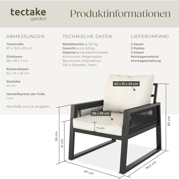 tectake Gartenlounge-Set Terrassenset Captive im Rope-Design mit Aluminiumgestell, (Set, 2-tlg), Extra dicke und große Sitzpolster und Rückenkissen – Bild 7