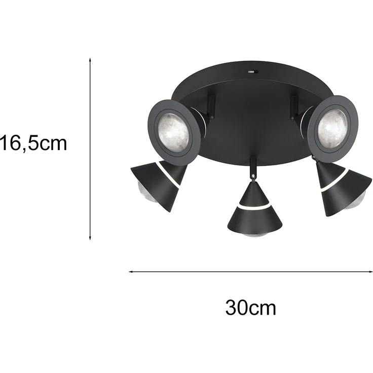 Moderner LED Deckenstrahler ROMEO mit 5 schwenkbaren Spots Schwarz Ø 30cm – Bild 4