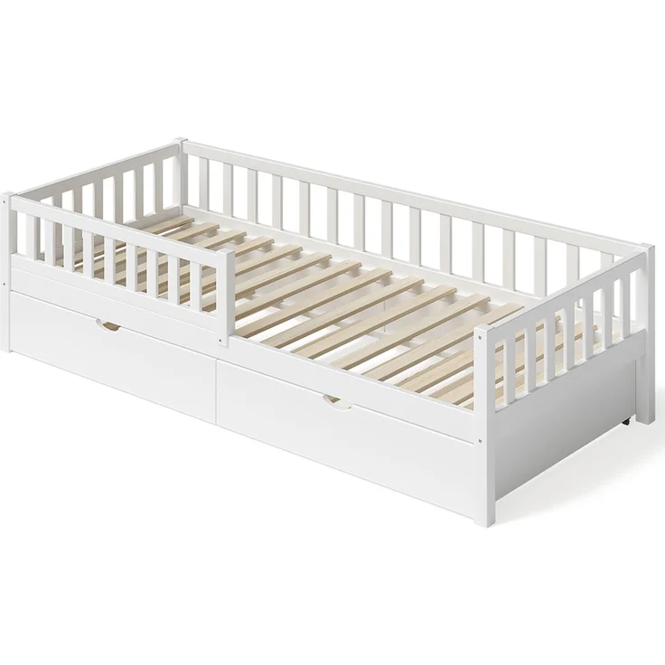 Bellabino 'Vils' Kinderbett 90x200 cm mit Gästebett 90x190 cm, weiß, Kiefer Massivholz, Montessori Bett mit Ausziehbett, mit abnehmbarem Rausfallschutz und Lattenrost – Bild 2