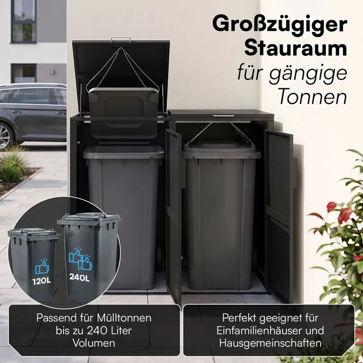 STEELSØN 'Thoria' Mülltonnenbox 2er je 240 Liter, graphitschwarz, Mülltonnenverkleidung aus Stahl, wetterfest, 116x80x134 cm, Müllbox für 2 Tonnen – Bild 2
