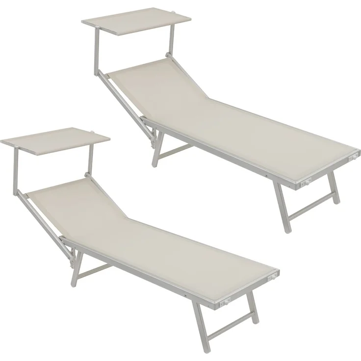 Baroni Home Sonnenliege mi Gestell aus Aluminium und Sonnenschütz, klappbare Liegesthul mit verstellbaren Rückenlehne, bequem und strapazierfähig Gartenliege, 60 x 190 x 35 cm (Weiß, 2 Stück)