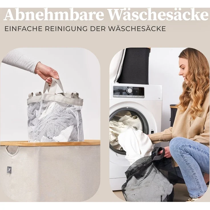 HENNEZ Wäschekorb Wäschebox 150L - Wäschekorb 3 Fächer mit Deckel, Wäschesortierer mit Wäschesack, schwarz Bambus – Bild 7