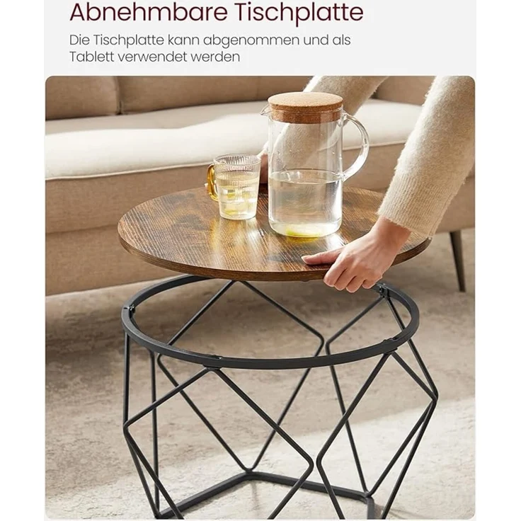 Vasagle Couchtisch rund, 2er Set mit abnehmbarer Tischplatte, vintagebraun-tintenschwarz, 60 x 60 x 45 cm – Bild 5